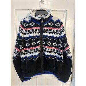 POLO RALPH LAUREN Women's Aztec Blue Sherpa Jacket Size Large Aztec Blk Full Zip